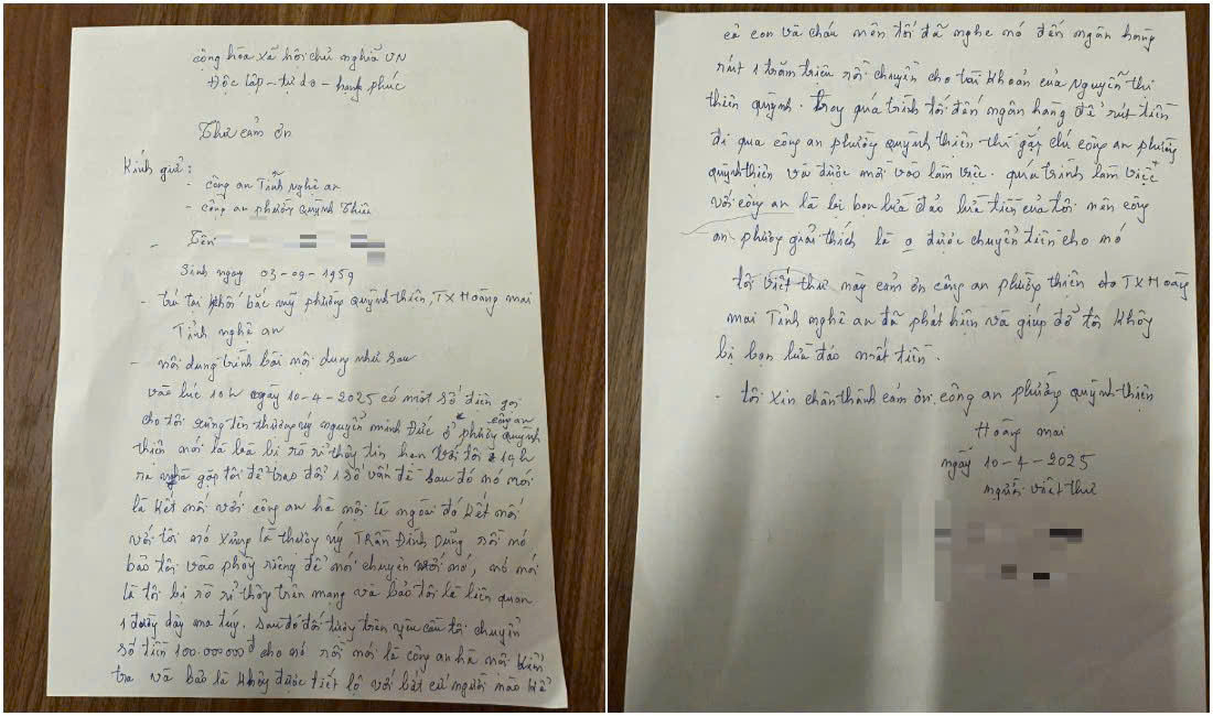 Bà Tr. viết thư cảm ơn Công an phường Quỳnh Thiện.