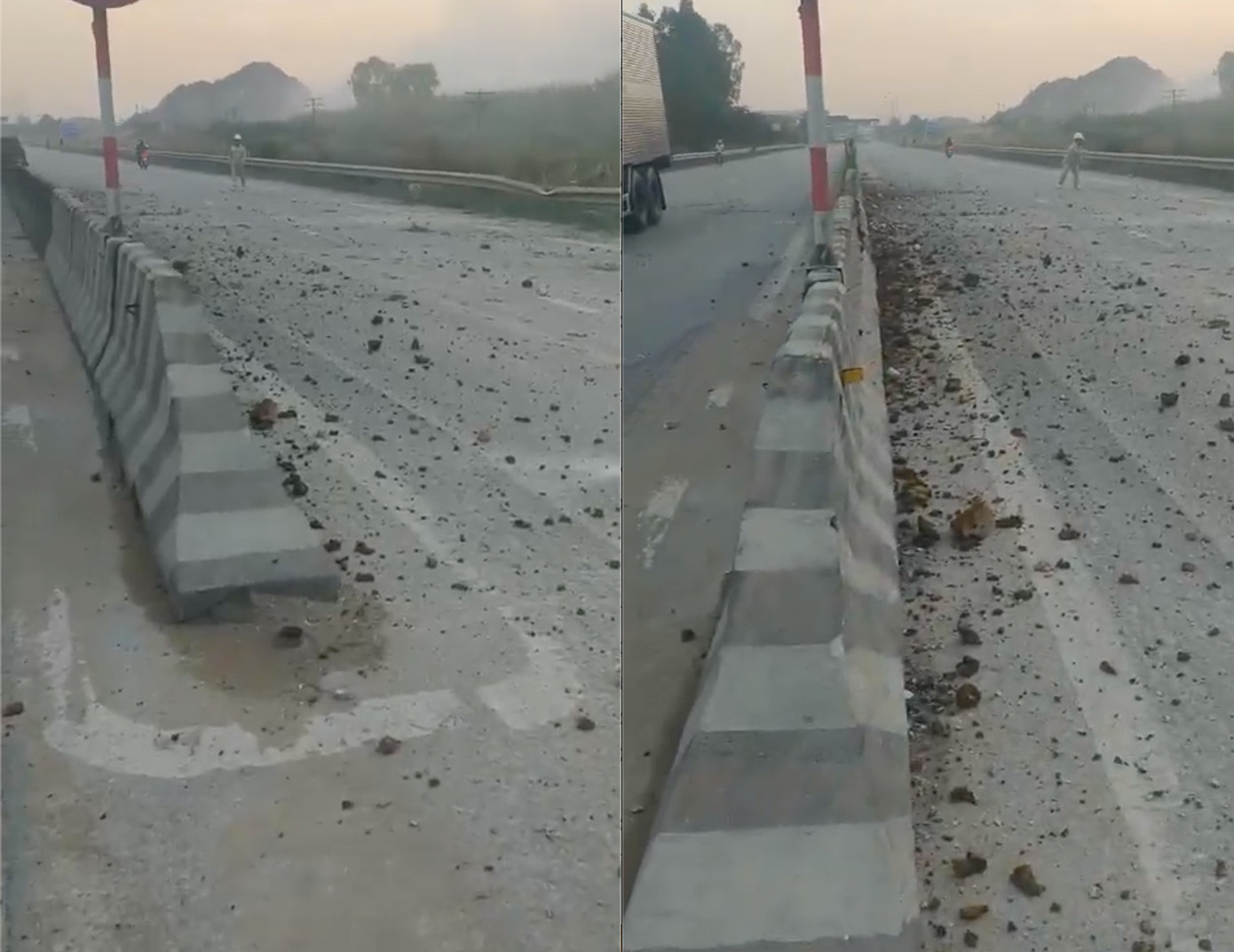 Vụ nổ mìn hôm 8/11 khiến đất đá văng tràn ra quốc lộ 1A.