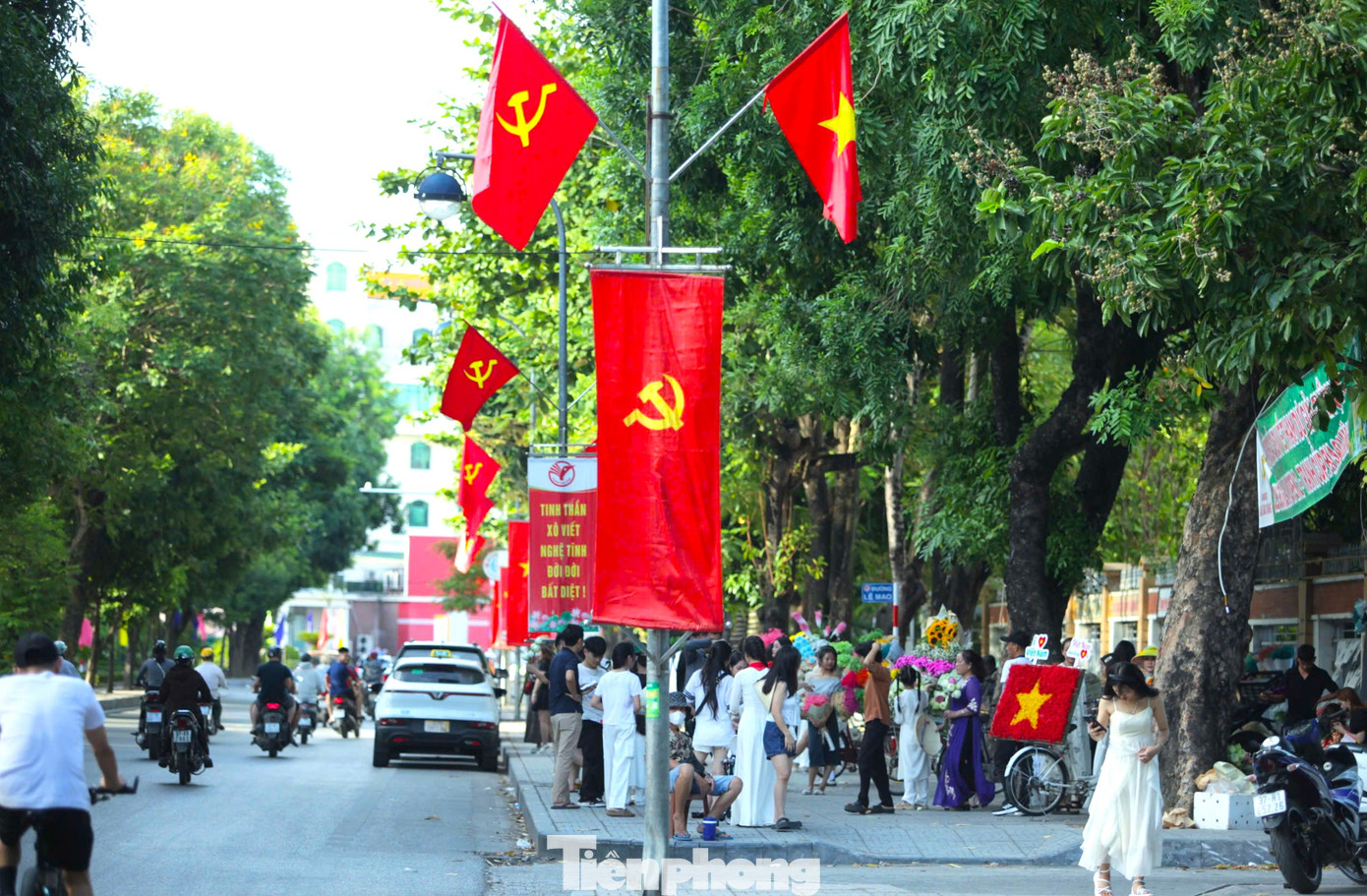 Những ngày đầu tháng 9, đường Lê Mao (thành phố Vinh, Nghệ An) được trang trí rực rỡ cờ hoa với những băng rôn khẩu hiệu. Đây được xem là một trong những tuyến đường đẹp nhất thành phố Vinh bởi 2 chiều đường riêng biệt, ở giữa là hàng cây xanh cổ thụ tỏa bóng mát.