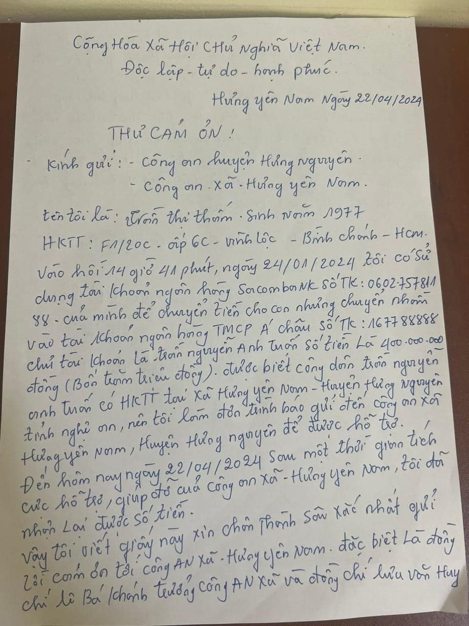 Chị Thấm viết thư cảm ơn Công an huyện Hưng Nguyên, Công an xã Hưng Yên Nam đã nhiệt tình hỗ trợ chị nhận lại số tiền lớn chuyển nhầm.