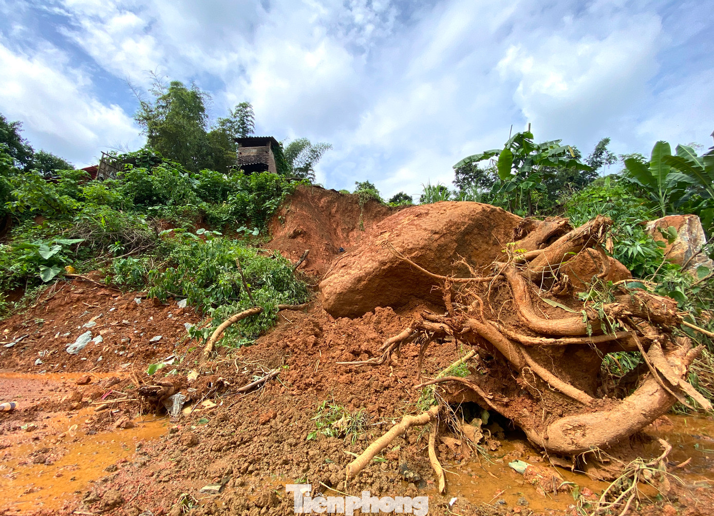 Nhiều tảng đá, gốc cây lớn sạt lở lăn xuống chắn một làn quốc lộ 34.