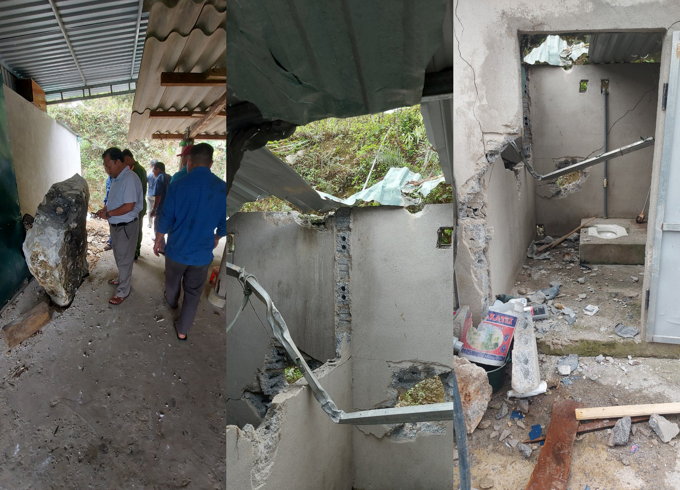 Đá lăn làm sập mái nhà bếp, nhà vệ sinh của gia đình ông Vừ. (Ảnh: Lữ Phú).