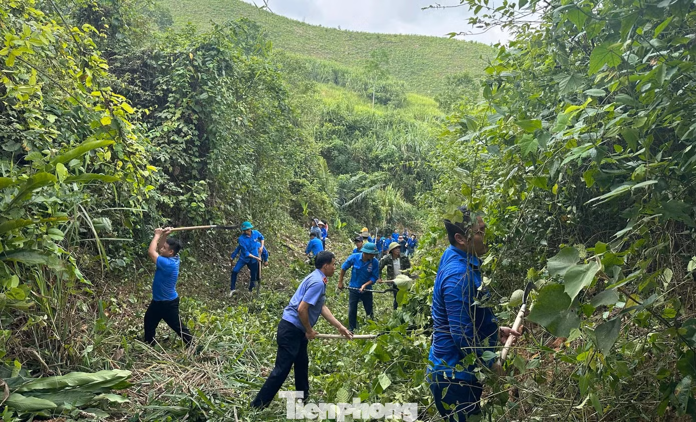 Các đoàn viên bất chấp nắng nóng, nhiệt tình tham gia phát quang các hệ thống đường điện.