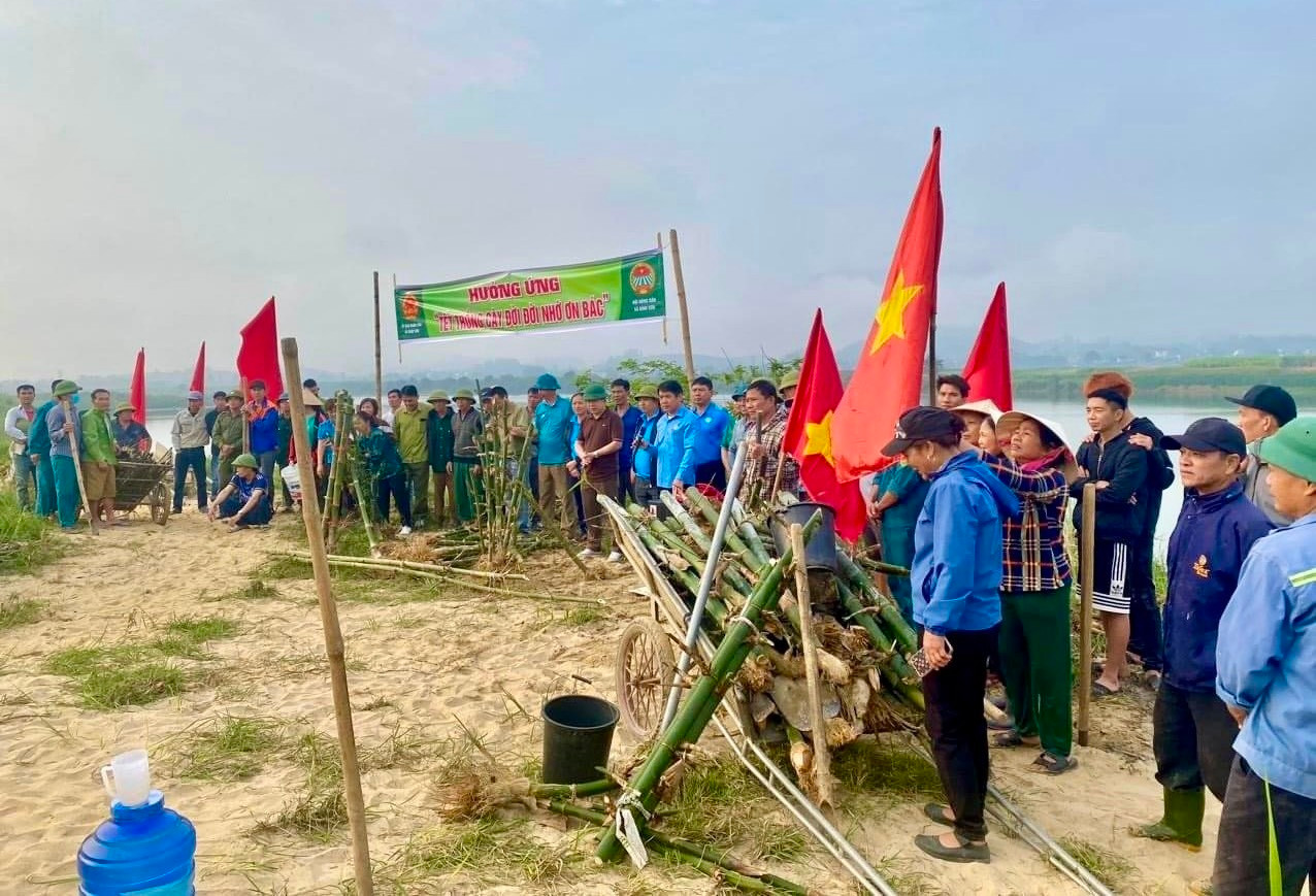 Cán bộ, Hội nông dân xã Đỉnh Sơn cùng người dân trồng hơn 1.300 gốc tre, mét dọc bờ đê quai ven sông Lam. Ảnh: Hoài Chung Cán bộ, Hội nông dân xã Đỉnh Sơn cùng người dân trồng hơn 1.300 gốc tre, mét dọc bờ đê quai ven sông Lam. Ảnh: Hoài Chung