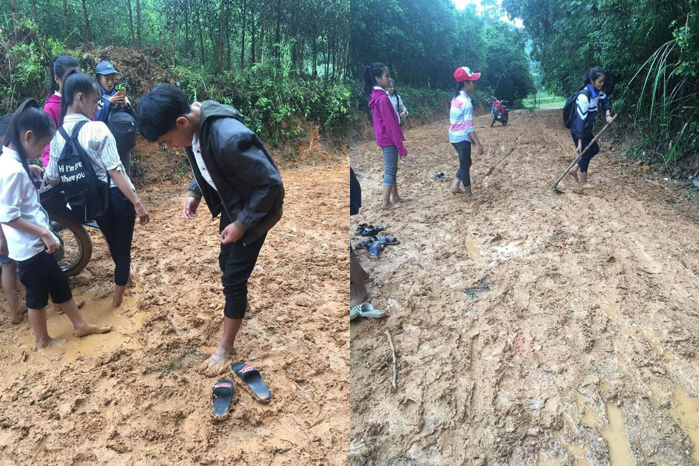 Nhóm học sinh lội bộ đến trường, vừa đi vừa cào đất san đường. Nhóm học sinh lội bộ đến trường, vừa đi vừa cào đất san đường.