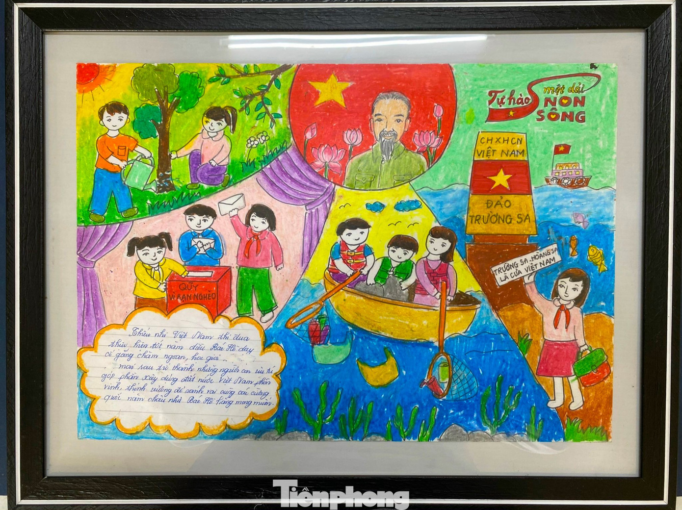 Bức tranh cuối cùng thể hiện các em nhỏ thiếu nhi Việt Nam thi đua thực hiện tốt 5 điều Bác Hồ dạy, cố gắng chăm ngoan, học giỏi, trở thành những người con ưu tú, góp phần xây dựng đất nước Việt Nam phồn vinh, thịnh vượng để sánh vai cùng các cường quốc năm châu như Bác Hồ hằng mong muốn. Bức tranh cuối cùng thể hiện các em nhỏ thiếu nhi Việt Nam thi đua thực hiện tốt 5 điều Bác Hồ dạy, cố gắng chăm ngoan, học giỏi, trở thành những người con ưu tú, góp phần xây dựng đất nước Việt Nam phồn vinh, thịnh vượng để sánh vai cùng các cường quốc năm châu như Bác Hồ hằng mong muốn.