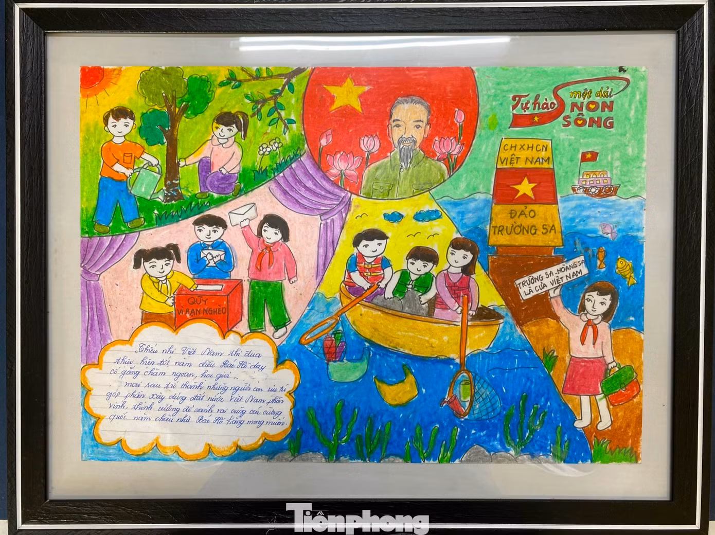 Bức tranh cuối cùng thể hiện các em nhỏ thiếu nhi Việt Nam thi đua thực hiện tốt 5 điều Bác Hồ dạy, cố gắng chăm ngoan, học giỏi, trở thành những người con ưu tú, góp phần xây dựng đất nước Việt Nam phồn vinh, thịnh vượng để sánh vai cùng các cường quốc năm châu như Bác Hồ hằng mong muốn.