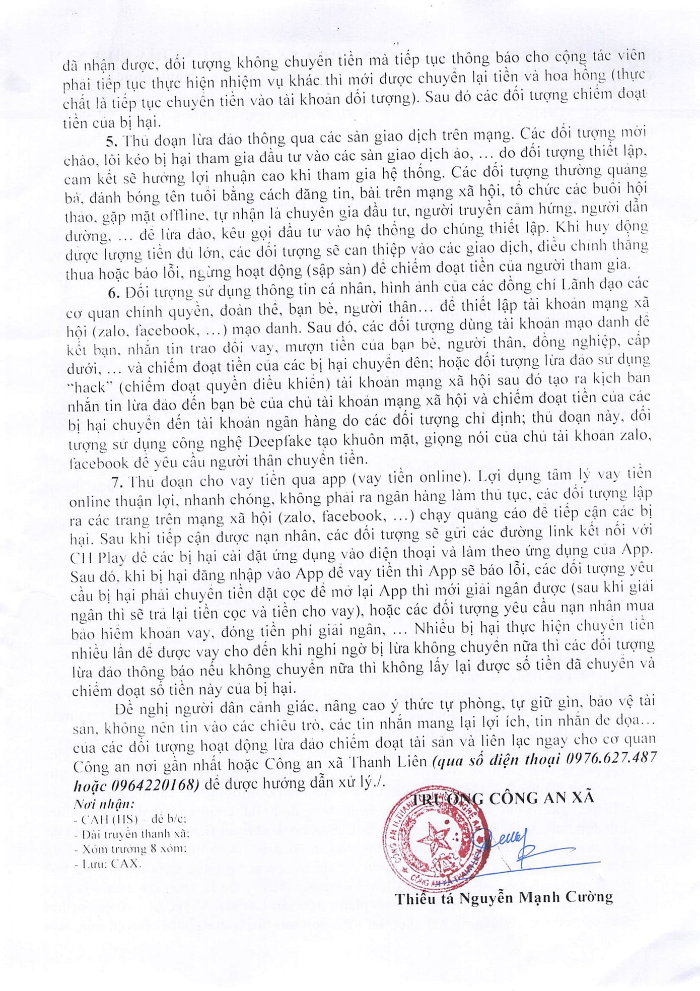 Công an xã Thanh Liên phát văn bản thông báo để người dân cảnh giác tình trạng lừa đảo qua mạng.