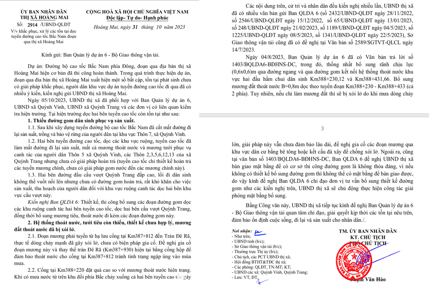 Ngày 31/10, UBND TX. Hoàng Mai có văn bản kiến nghị đến Ban Quản lý dự án 6.
