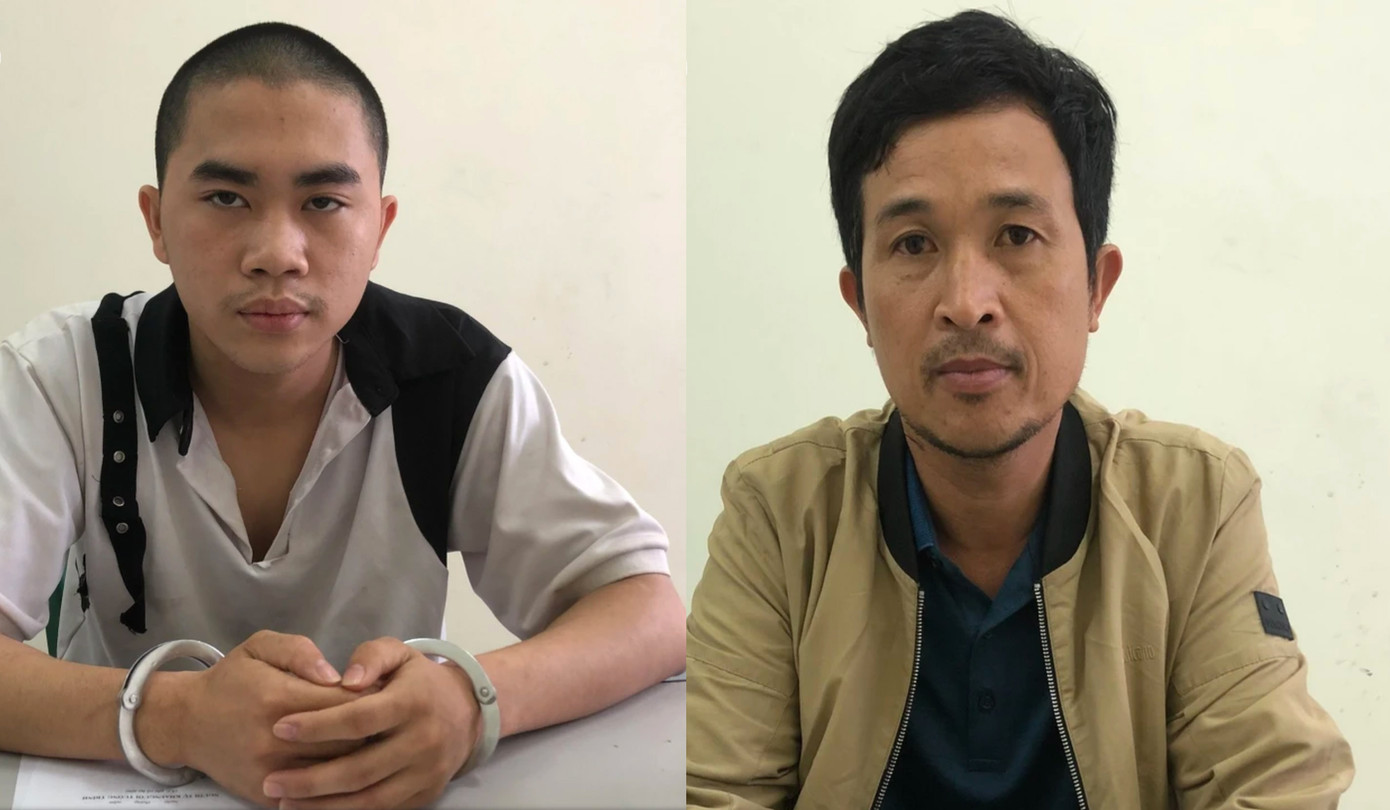 Hai đối tượng Đoàn và Dũng tại cơ quan công an. (Ảnh: Ngọc Anh).