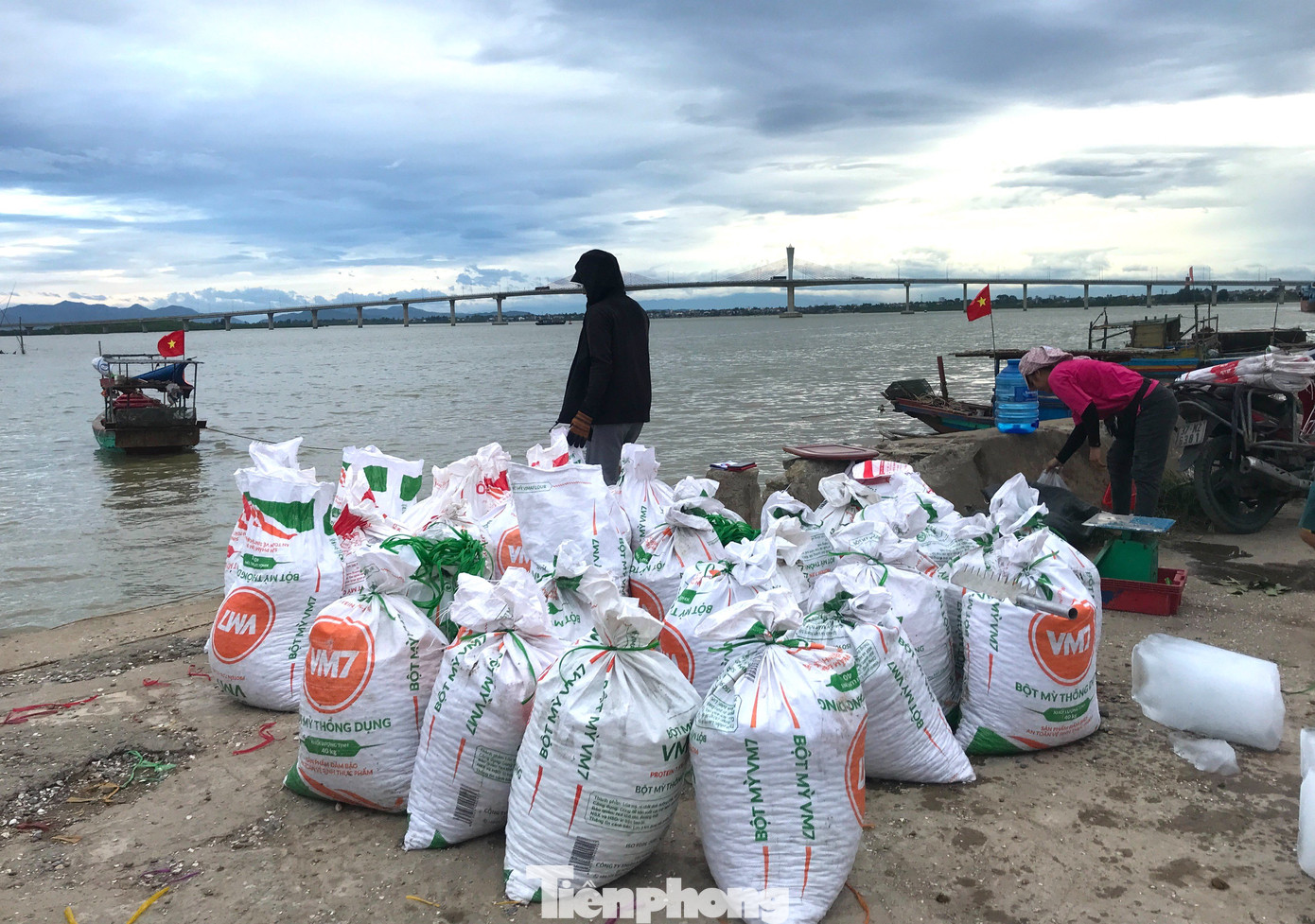 Những bao tải chứa đầy con chem chép được ngư dân tập kết sẵn chờ bốc lên xe cho các thương lái. Những bao tải chứa đầy con chem chép được ngư dân tập kết sẵn chờ bốc lên xe cho các thương lái.