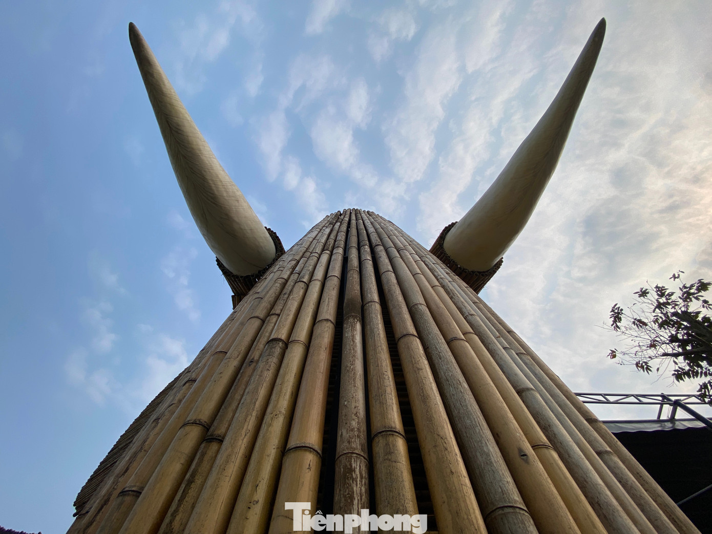 Cặp ngà voi to được anh Nam thiết kế bằng khung thép, bên ngoài được đắp xi măng, quét sơn trắng trông như ngà voi thật.