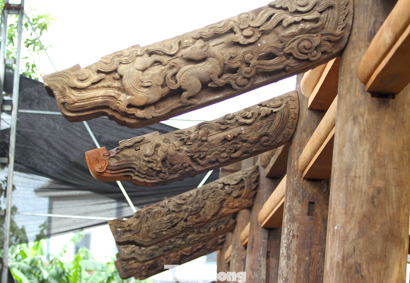 Ngoài ra, trên các khung gỗ còn được chạm trổ nhiều hình ảnh về các hoạt cảnh cuộc sống xã hội lúc bấy giờ như vinh quy bái tổ, xem điểm thi, thi võ, chèo thuyền, ngư tiều canh lục...