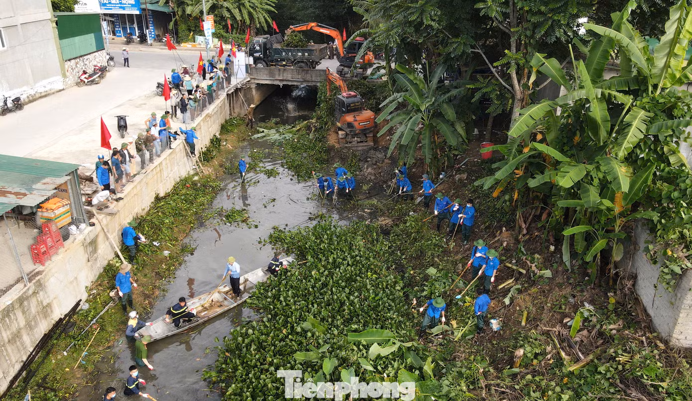 Đoàn viên thanh niên cùng các lực lượng chức năng xuống dòng khe để dọn rác, dọn bèo lục bình.