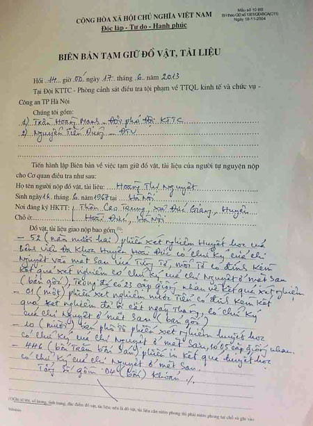 Nhiều tài liệu chứng minh việc làm liều lĩnh ở Bệnh viện Đa khoa Hoài Đức đã được Công an Hà Nội thu thập