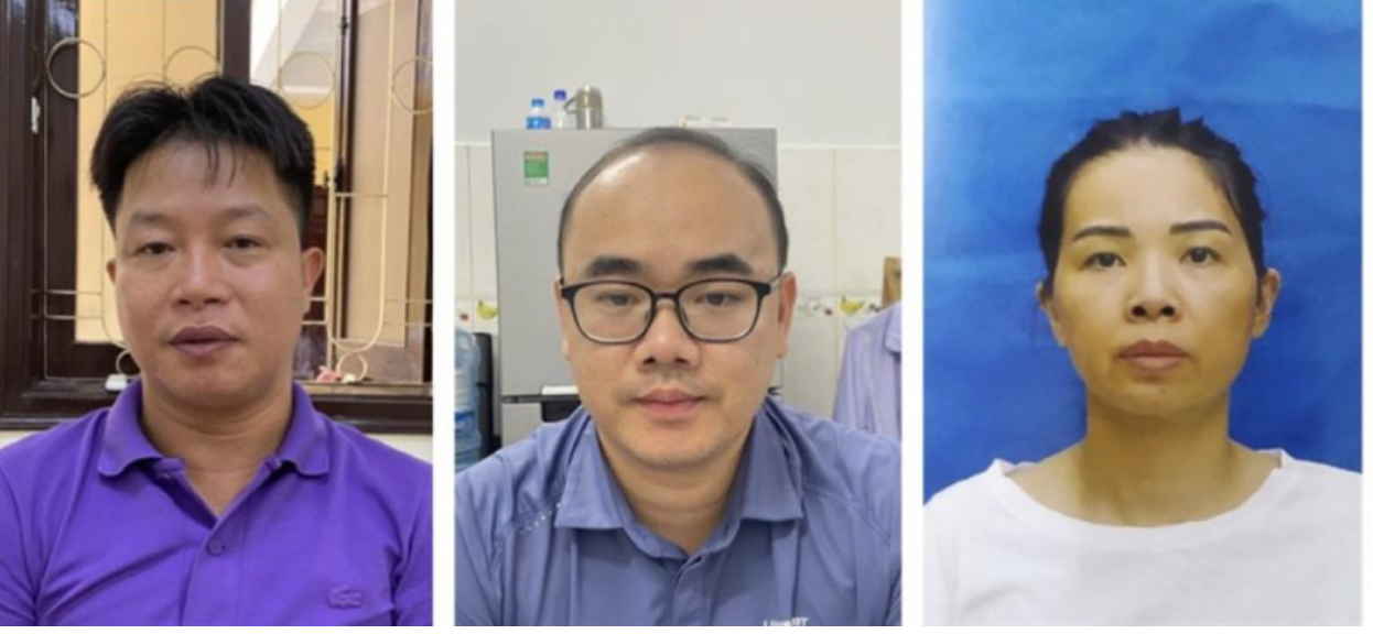 Các bị can (từ trái qua phải): Nguyễn Xuân Thọ, Phạm Quang Hậu, Nguyễn Thị Ngọc.