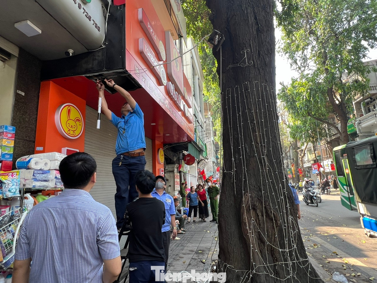 Tháo dỡ đèn trang trí quanh thân cây sao đen sáng 16/4