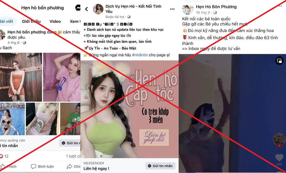 Hình ảnh một số quảng cáo hẹn hò trên các trang mạng Facebook. Ảnh: CA cung cấp Hình ảnh một số quảng cáo hẹn hò trên các trang mạng Facebook. Ảnh: CA cung cấp