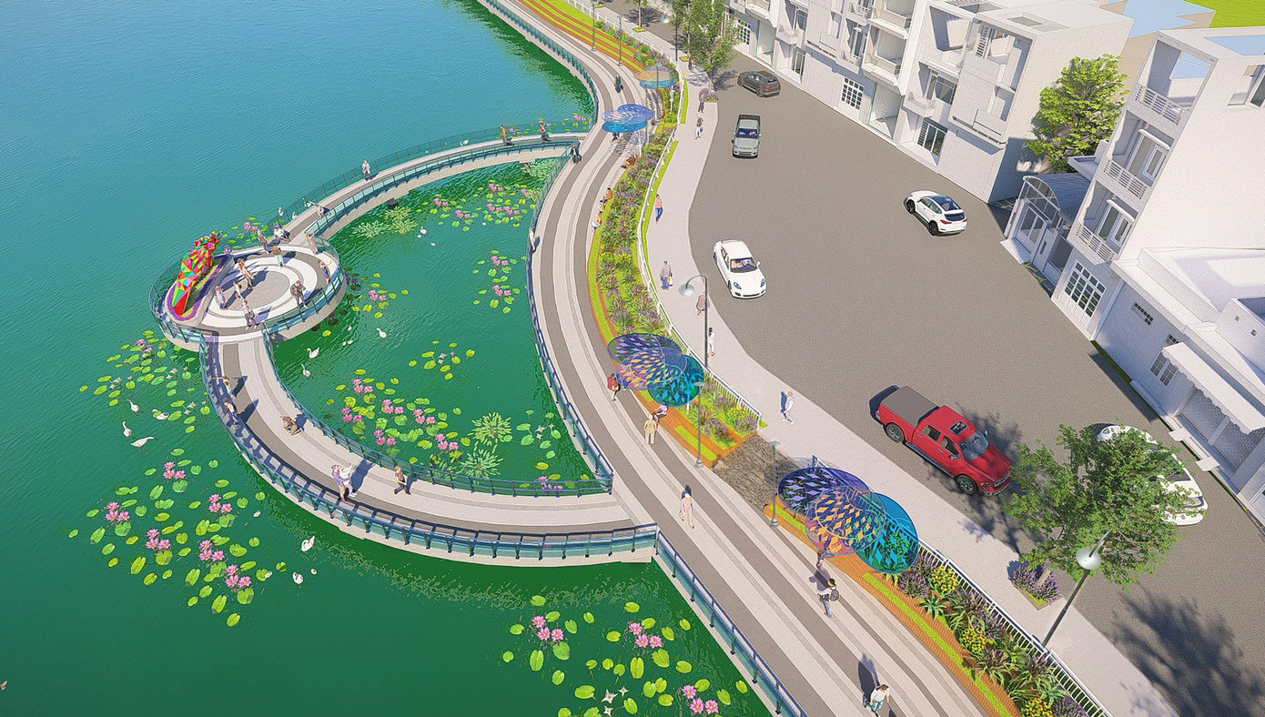 Đoạn đường dạo này có một không gian ngoài trời, làm điểm nhấn cảnh quan đồng thời là sân khấu biểu diễn quy mô 1.000 người khi có tổ chức sự kiện.