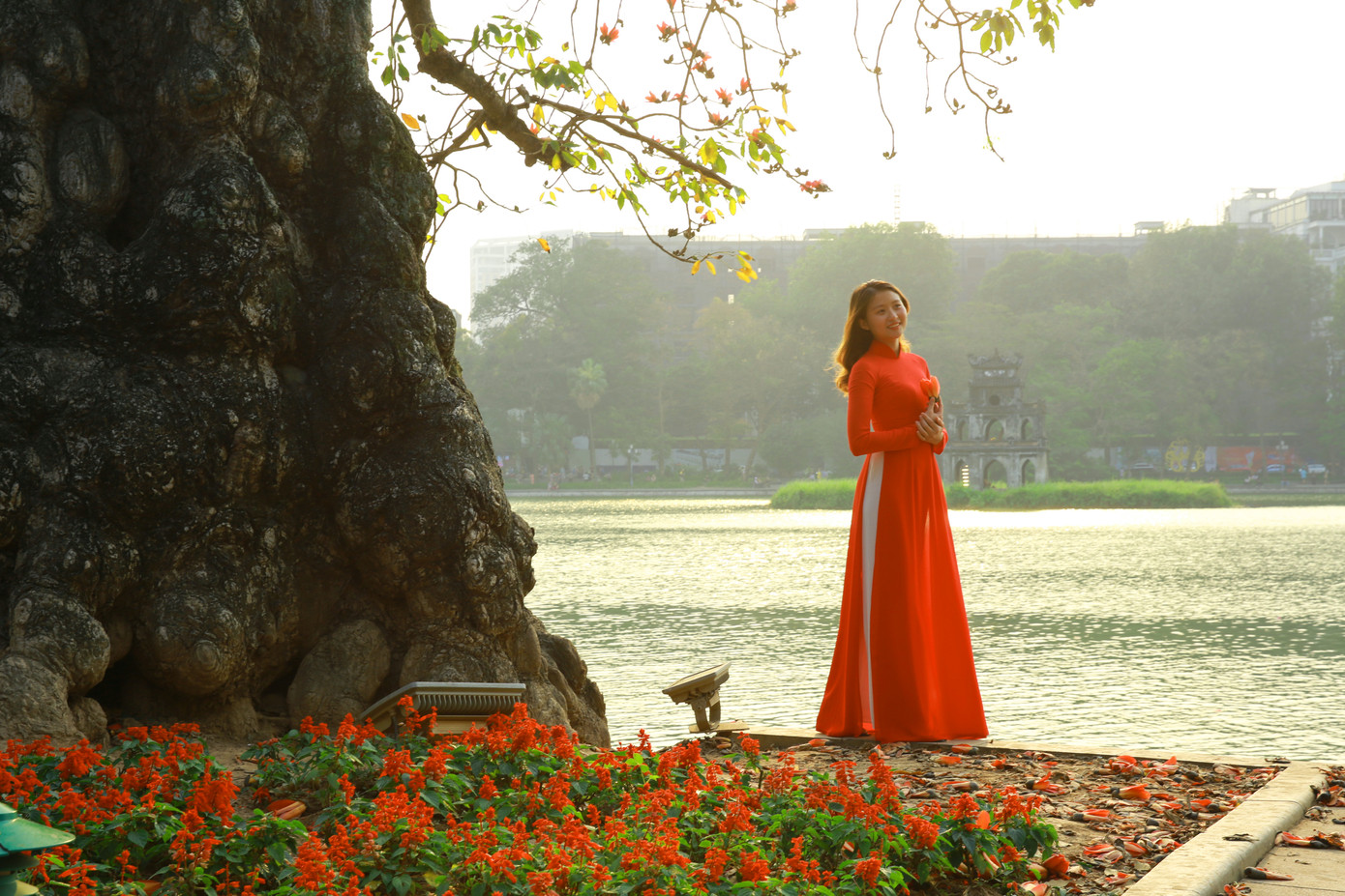 Vào mỗi độ tháng 3, tháng 4, hoa gạo trổ bông. Từ thân cây xù xì bắt đầu nở những bông hoa đỏ rực, in lên nền trời xanh và soi bóng xuống mặt hồ. Khung cảnh tạo nên sự tương phản mà hài hoà đầy nghệ thuật.