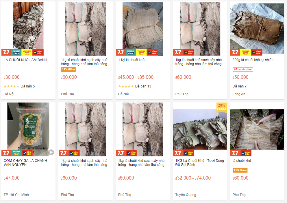 Lá chuối tươi được ứng dụng nhiều trong làm bánh, bao gói thực phẩm, nhưng giờ đây cả khi chúng khô héo cũng vẫn bán được giá. 1kg lá chuối khô có giá lên đến 60.000 đồng. Chúng được dùng để gói bánh gai, nút rượu hoặc nuôi cá...