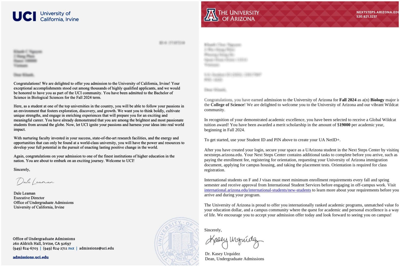 Một số thư báo trúng tuyển của Nguyễn Chúc Khanh.