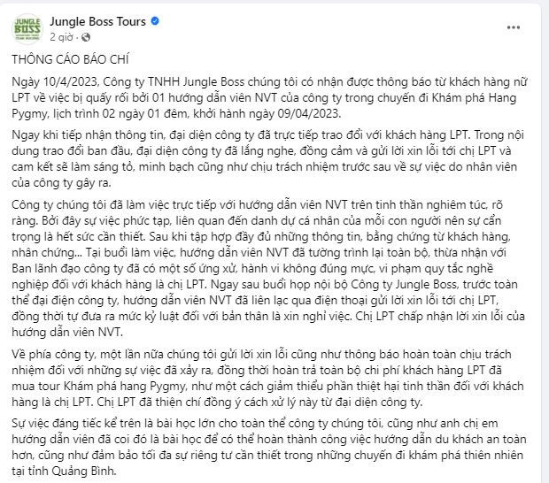 Thông cáo báo chí được phía Công ty Jungle Boss Tours đưa lên mạng xã hội Thông cáo báo chí được phía Công ty Jungle Boss Tours đưa lên mạng xã hội