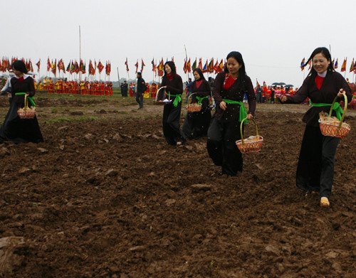 Đi sau luống cày là các cô gái gieo hát giống để một mùa bội thu