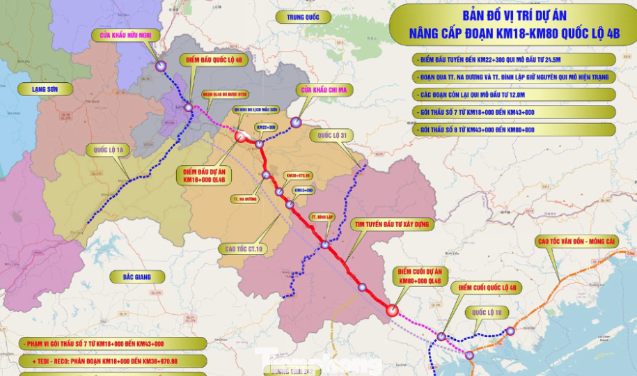 Bản đồ hướng tuyến dự án nâng cấp đoạn km 18- km 80 quốc lộ 4B.