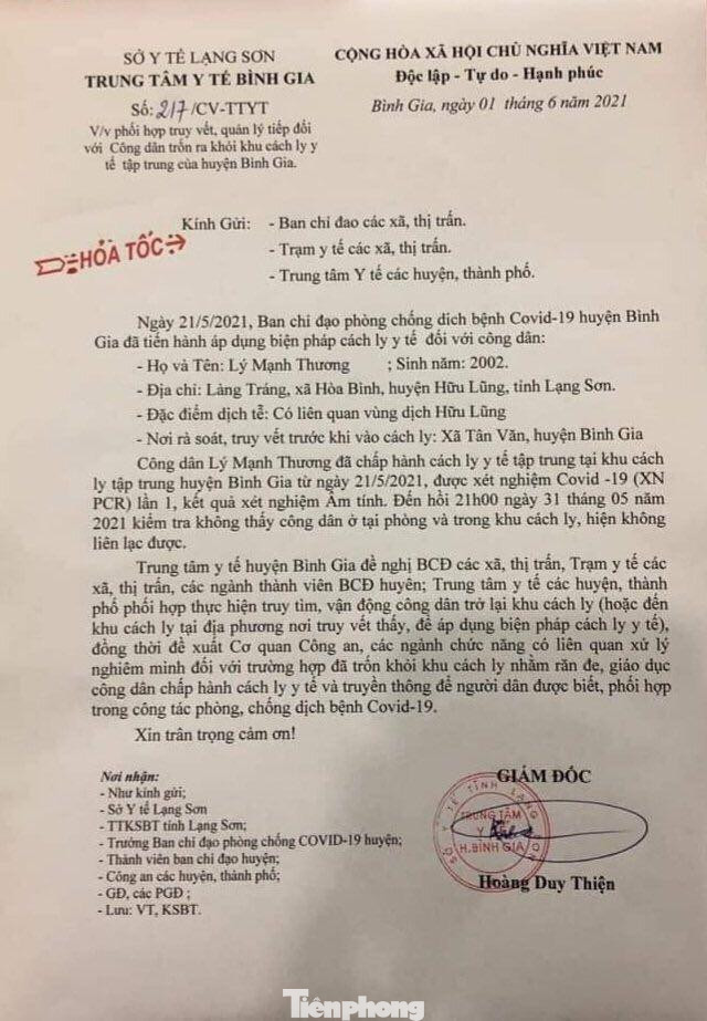Sau khi không thấy công dân Lý Mạnh Thương, các ngành chức năng Bình Gia đã phát công văn hỏa tốc truy tìm