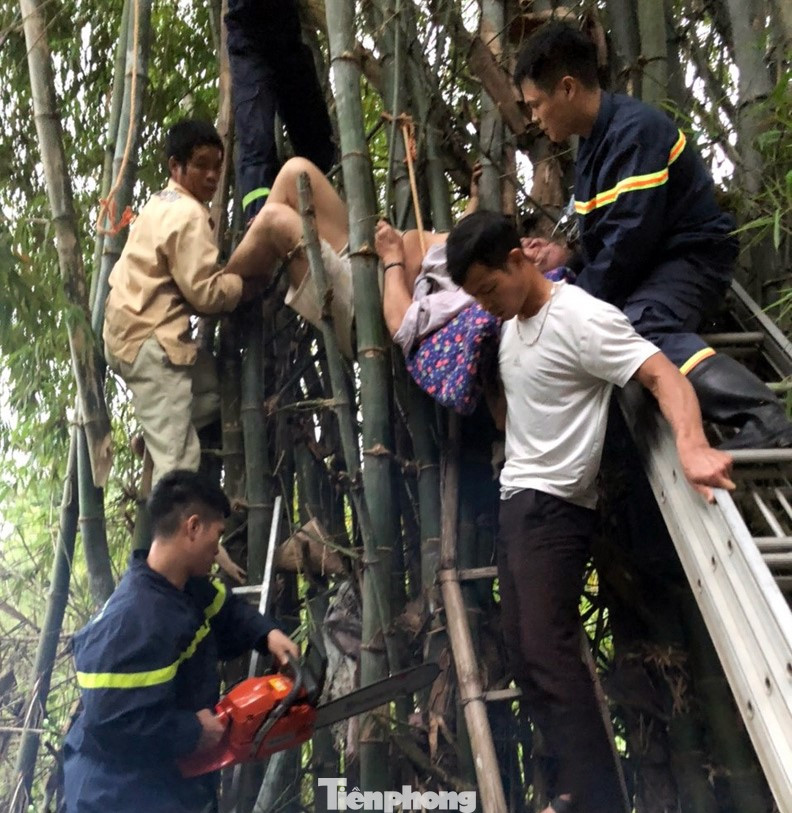 Lực lượng cảnh sát tiến hành giải cứu ông Hác ra khỏi bụi tre. Ảnh: CA