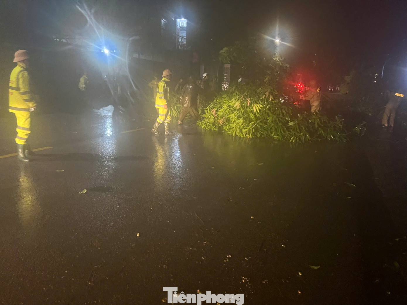 Hình ảnh cán bộ, chiến sỹ Công an tham gia xử lý cây cối gãy đổ trong đêm 7/9