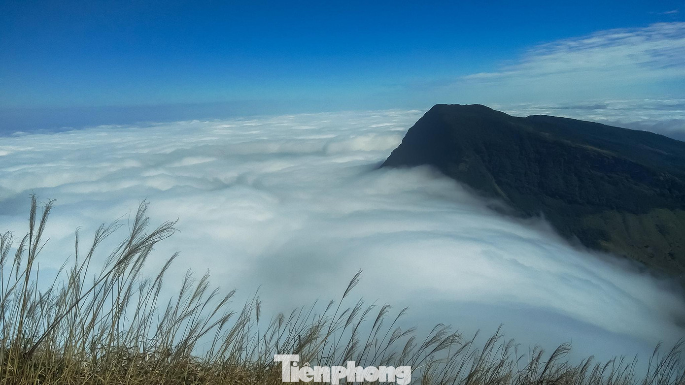 Trên đỉnh Núi Cha, nơi cao nhất dãy núi Mẫu Sơn, mây mù bao phủ. -Ảnh: Ngọc Minh