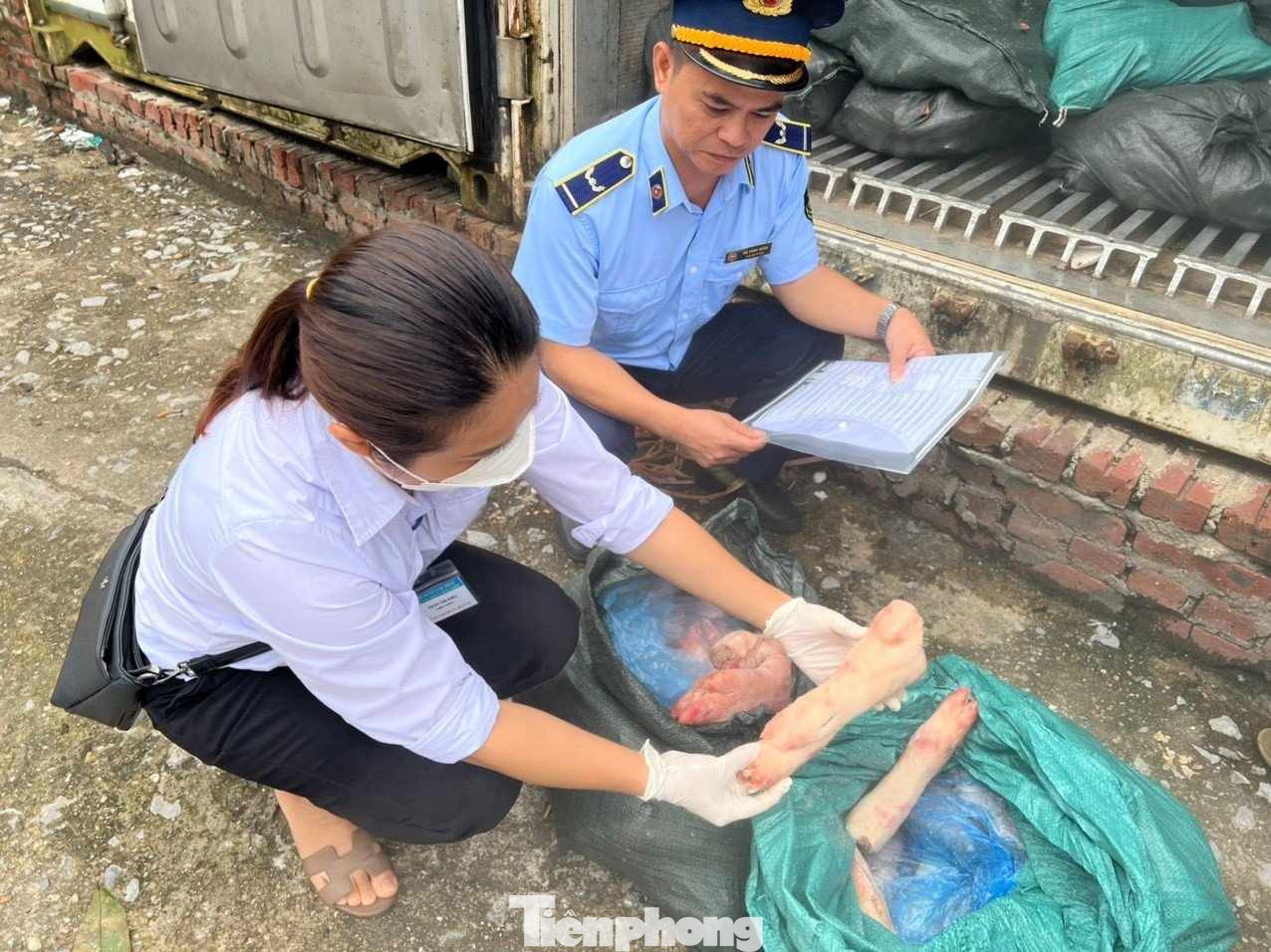 Cơ quan chức năng kiểm đếm mặt hàng móng giò lợn không rõ nguồn gốc. Ảnh: Duy Chiến