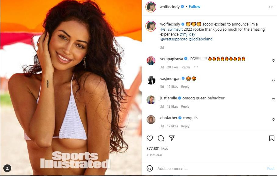 Cindy Kimberly vừa vui mừng thông báo trên Instagram có 6,8 triệu người hâm mộ về việc cô sẽ là tân binh của tạp chí áo tắm danh tiếng Sports Illustrated Swimsuit ra mắt năm nay.