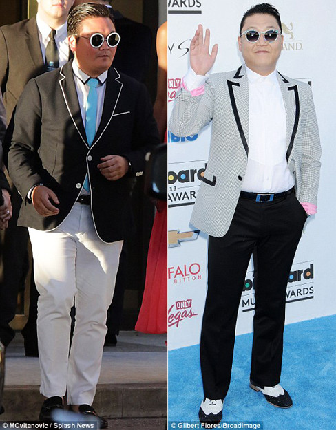 Trong khi Psy giả (trái) đang tận hưởng cuộc sống vương giả ở Cannes thì Psy thật bận rộn tham gia lễ trao giải Billboard Music Awards ở Las Vegas. Trong khi Psy giả đang tận hưởng cuộc sống vương giả ở Cannes thì Psy thật bận rộn tham gia lễ trao giải Billboard Music Awards ở Las Vegas