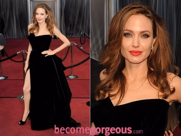 Angelina Jolie sang trọng trong chiếc đầm cúp ngực bằng nhung đen của Atelier Versace. Đường xẻ cao, khoe đôi chân dài, tôn thêm nét quyến rũ. Nữ diễn viên Michelle Williams đến với thảm đỏ Oscar năm 2012 trong bộ váy thướt tha màu đỏ rực rỡ của Louis Vuitton. "Nửa kia" của George Clooney là Stacy Kiebler lộng lẫy trong chiếc váy Marchesa vàng ánh kim, thiết kế của Marchesa rất sang trọng và nữ tính từ những tạo hình, xếp nếp rất gợi cảm. Jennifer Lopez mặc chiếc váy của Zuhair Murad, chiếc đầm ôm sát cơ thể cùng những đường kẻ đơn giản của chất liệu càng làm tăng vẻ đẹp của cô. Nữ diễn viên Rose Byrne ấn tượng trong chiếc đầm lệch vai màu đen long lanh của Vivienne Westwood. Jessica Chastain xuất hiện trong chiếc đầm sang trọng của Alexander McQueen. Những họa tiết hoa văn được thêu tỉ mỉ là nét ấn tượng trên thiết kế tuyệt vời này. Viola Davis tràn đầy sức sống trong chiếc đầm màu xanh lá cây của Vera Wang