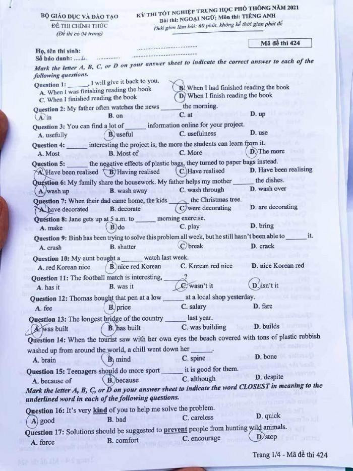 Đề thi tiếng Anh kì thi tốt nghiệp THPT đợt 1 trang 1 - Mã đề 424 Đề thi tiếng Anh kì thi tốt nghiệp THPT đợt 1 trang 1 - Mã đề 424