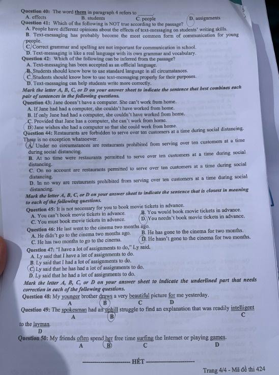 Đề thi tiếng Anh kì thi tốt nghiệp THPT đợt 1 trang 4- Mã đề 424 Đề thi tiếng Anh kì thi tốt nghiệp THPT đợt 1 trang 4- Mã đề 424