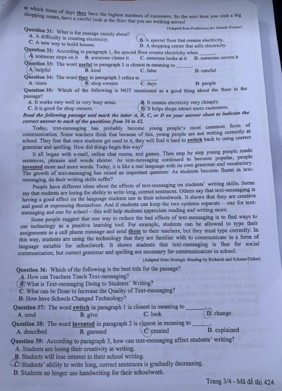 Đề thi tiếng Anh kì thi tốt nghiệp THPT đợt 1 trang 3 - Mã đề 424 Đề thi tiếng Anh kì thi tốt nghiệp THPT đợt 1 trang 3 - Mã đề 424
