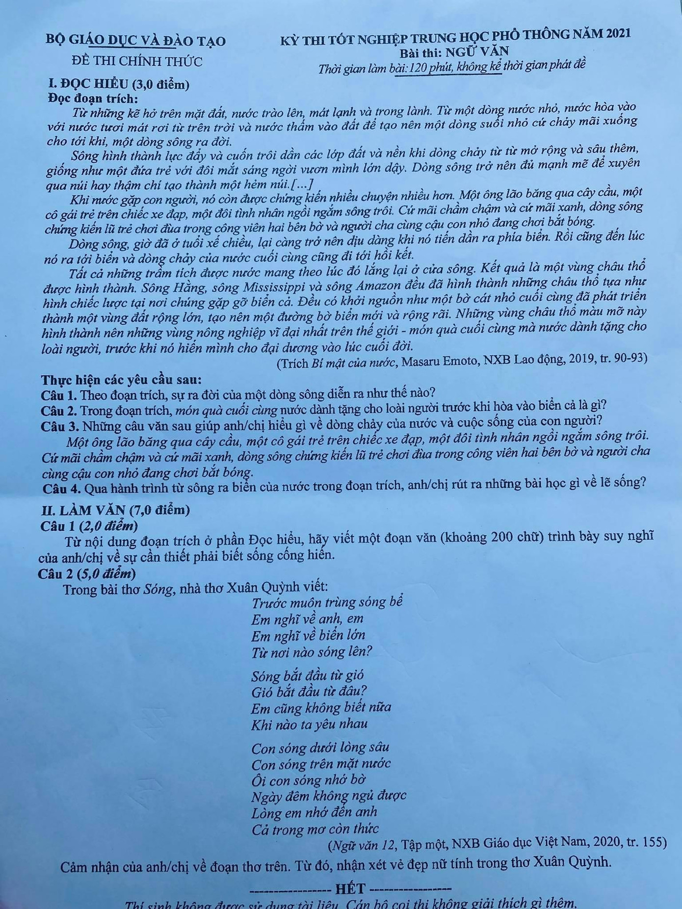 Đề thi Ngữ Văn THPT 2021. Ảnh: Nguyễn Hà Đề thi Ngữ Văn THPT 2021. Ảnh: Nguyễn Hà