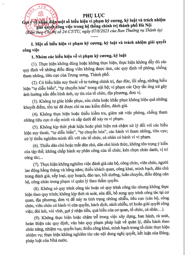 Phụ lục gợi ý một số biểu hiện vi phạm kỷ cương, kỷ luật và trách nhiệm trong giải quyết công việc theo Chỉ thị 24 Phụ lục gợi ý một số biểu hiện vi phạm kỷ cương, kỷ luật và trách nhiệm trong giải quyết công việc theo Chỉ thị 24