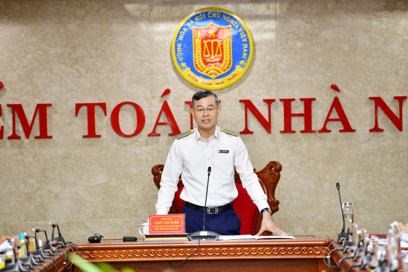 Tổng Kiểm toán nhà nước Ngô Văn Tuấn phát biểu tại hội nghị.