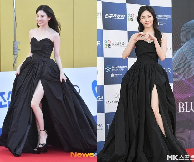 Yura chọn thiết kế cúp ngực, xẻ tà cao với phần chân váy phồng dự thảm đỏ. Thành viên nhóm Girl's Day khoe đôi chân thon gọn (đã mua bảo hiểm), đọ sắc cùng dàn mỹ nhân nổi tiếng.