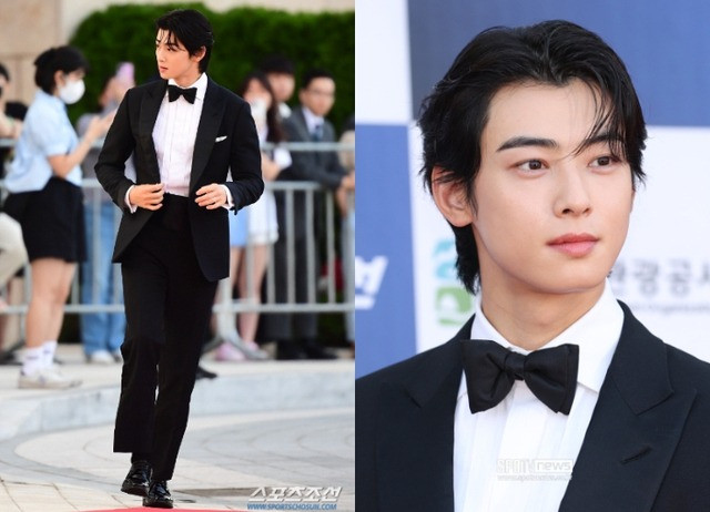 Trên các diễn đàn, "mỹ nam truyện tranh" Cha Eun Woo được khen đẹp bất chấp góc ảnh khi dự thảm đỏ Rồng Xanh.