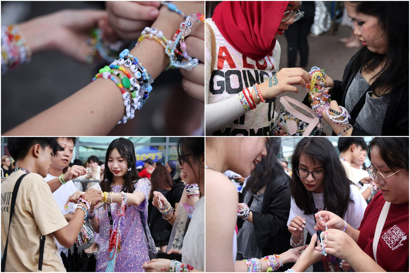 Vòng tay đính cườm đầy màu sắc trở thành biểu tượng trong cộng đồng fan Taylor Swift. Vòng tay đính cườm đầy màu sắc trở thành biểu tượng trong cộng đồng fan Taylor Swift.