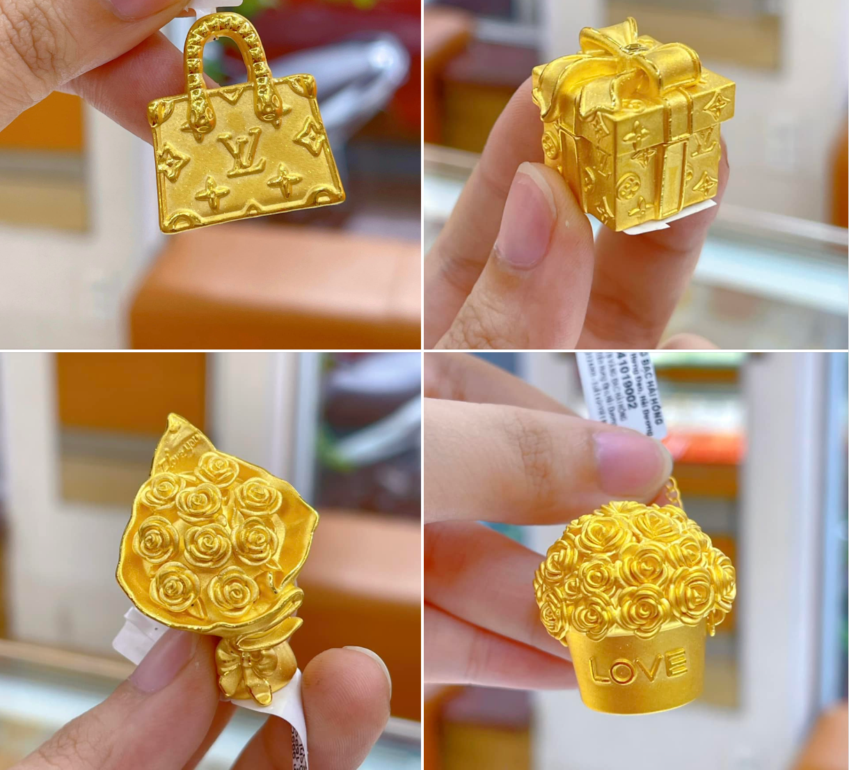 Không chỉ hoa hồng, các sản phẩm mạ vàng theo chủ đề 20/10 khác cũng được lựa chọn nhiều. Ảnh: Trang sức Hải Hồng.