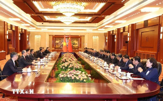 Tổng Bí thư, Chủ tịch nước Tô Lâm hội kiến Ủy viên trưởng Nhân đại toàn quốc Trung Quốc Triệu Lạc Tế. (Ảnh: Trí Dũng/TTXVN) Tổng Bí thư, Chủ tịch nước Tô Lâm hội kiến Ủy viên trưởng Nhân đại toàn quốc Trung Quốc Triệu Lạc Tế. (Ảnh: Trí Dũng/TTXVN)