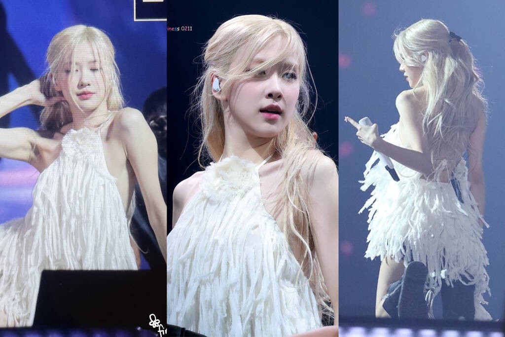 Thiết kế tua rua cổ yếm giúp Rosé khoe vai gầy trong đêm diễn. Mái tóc nhuộm sáng giúp cô tôn lên nước da sáng.