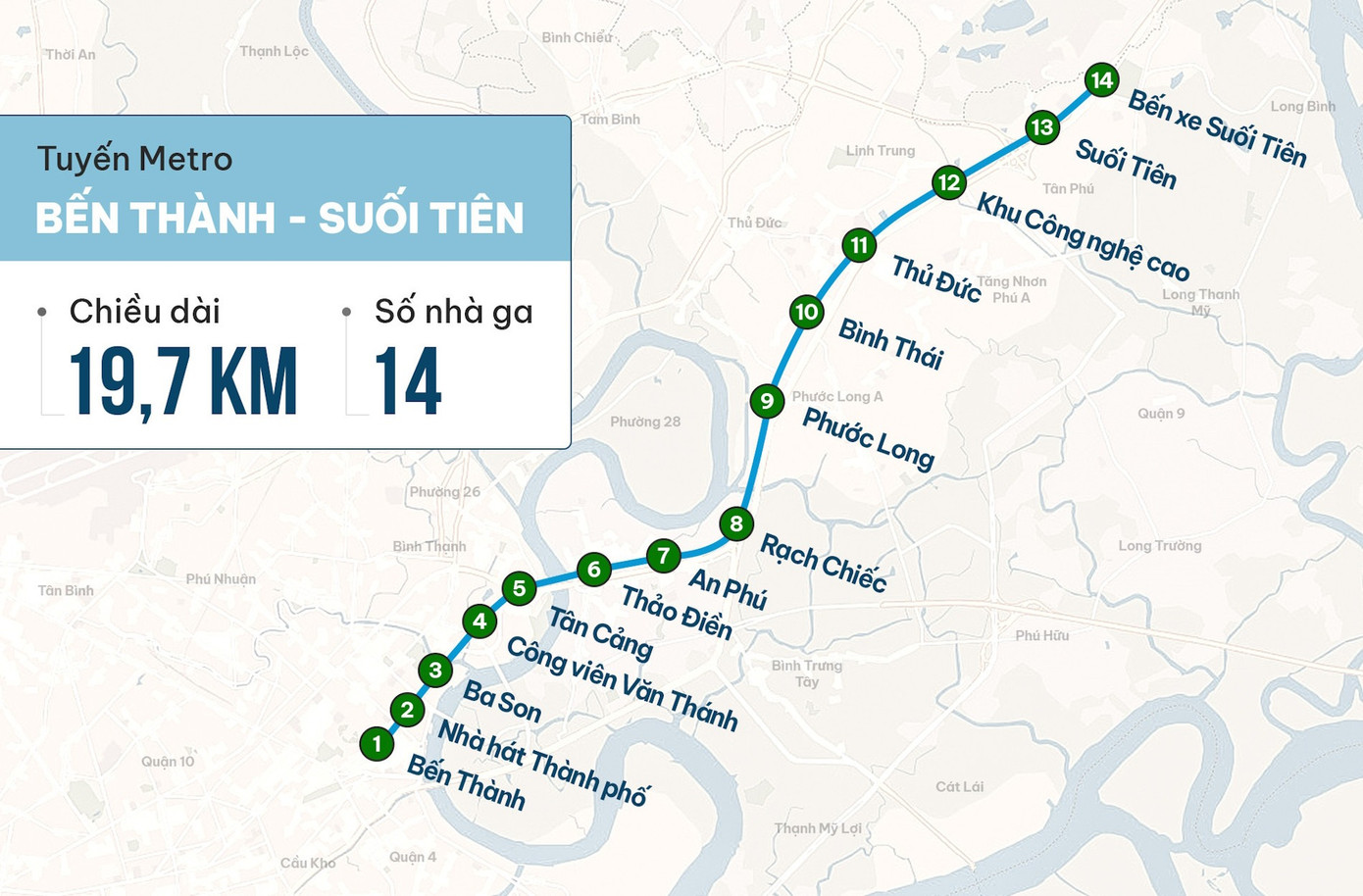 Sơ đồ tuyến metro số 1. Đồ họa: Nguyễn Huế Sơ đồ tuyến metro số 1. Đồ họa: Nguyễn Huế